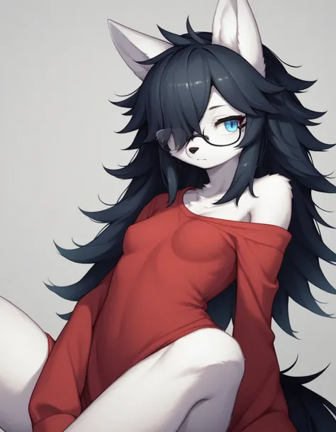 Solo, score_9,score_8_up,score_7_up, kemono style,  a young nerdy Anthro furry wolf woman, wolf snout, white furry body, tall, long black messy hair, black hair, hair in a pony tail, hair covering one eye, white wolf tail, blue eyes, white wolf ears, white...