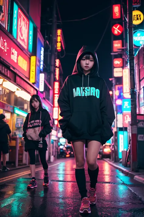 masterpiece, best quality, very aesthetic,  Street fashion, hood up, absurdres wlop miimalism cinematic lighting Japanese cute girl, walking in the cyberpunk city, night neon,