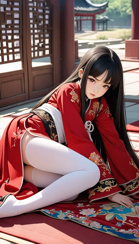 8k Tragic historical drama in live-action style: Beautiful palace secrets　A beautiful 10-year-old Chinese kung fu princess with long black hair defecates with all her might　Gorgeous embroidery, Ultra glossy, She is wearing a shiny red top and bottom long s...