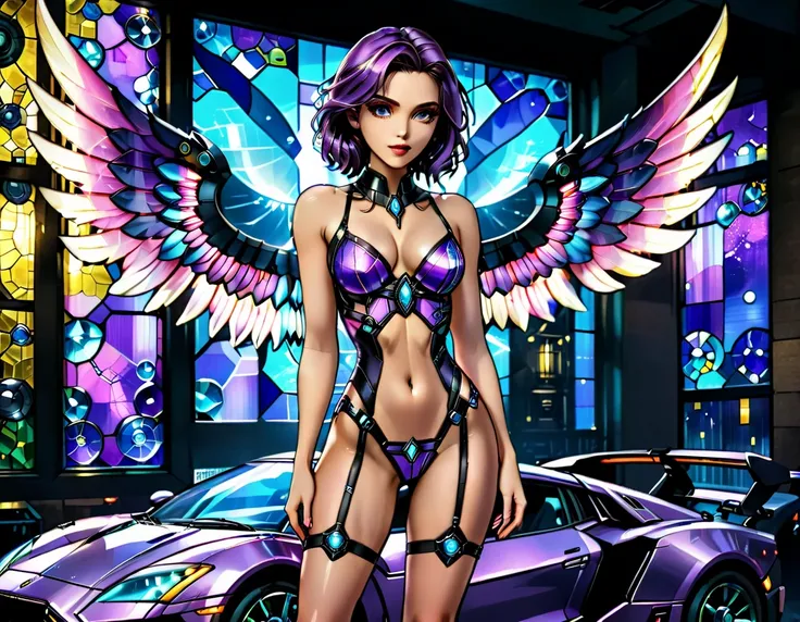 Arafed a ((stained glass artwork picture:1.5)) stained-glass, of a (mech cyberpunk female angel: 1.2) standing in at the street at night near her sports car, night, an exquisite beautiful cyberpunk female angel wearing dark dress, wearing ((intricate mech ...