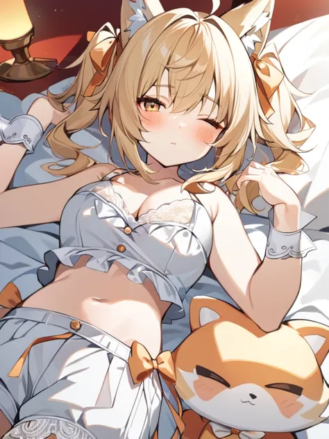 1girl, The fox girl,bangs, bare shoulders, blonde hair, blush, bow, breasts, white cleavage, cropped torso, , eyes closed, asleep, mouth slightly open, in bed, red lamp illuminates the room, hair ribbon, heterochromia,  stlooking at viewer, , orange bow, o...