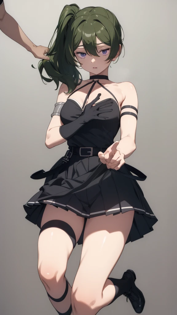 NSFW,1girl,1boy,fellatio,
ubel, medium hair, hair between eyes, green hair, side ponytail, (purple eyes:1.1),
skirt, gloves, dress, bare shoulders, pleated skirt, sleeveless, black gloves, elbow gloves, belt, miniskirt, black skirt, black footwear, (black ...