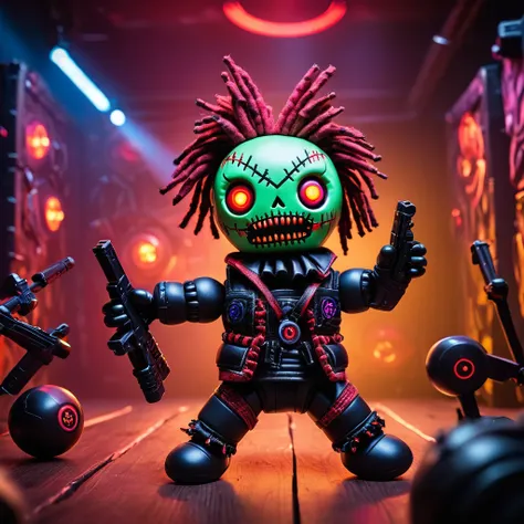 (knitted toy voodoo doll:1.5), (Voodoo at Laser Tag Arena:1.3), (Clothing: combat attire:1.0), (Accessories: laser gun, sensor vest:1.1), (background: dark arena with floating targets, glowing barriers, and excited players:1.2), best quality, masterpiece, ...