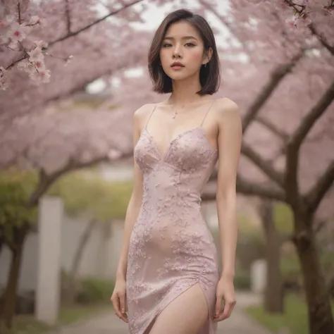 Masterpiece, charming asian aged 20 years old, super detailed, high quality, sharp focus, cinematic lighting, beauty, bob hair, necklace, (slim legs), (slender body), (medium breasts), small tattoo, (slip breasts), (sexy embellished dress), (nipples poking...