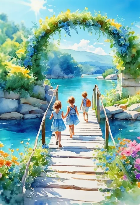 Children crossing an arch bridge, the dazzling light of the summer sun, summer flowers, azure water, beautiful watercolor sketches, 8K images.