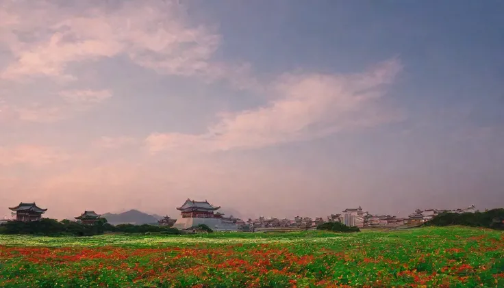 快晴のgreen空の下、A field of colorful flowers spreading out。Fluorescent flowers々Shines、The path leads to a magnificent walled city in the distance。The flower field is red、green、yellow、Pink and other colors々Full of colorful、Creates a fantastic atmosphere。The wall...