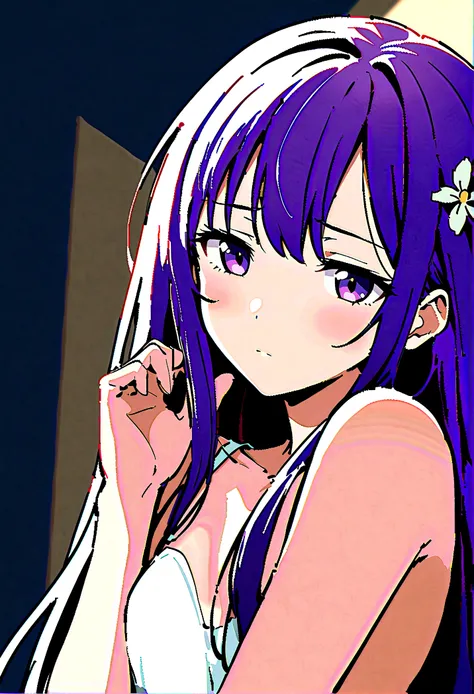 Anime girl with very long dark purple hair and a flower hair accessory waking up in the morning as she looks sleepy and her eyes were half closed 