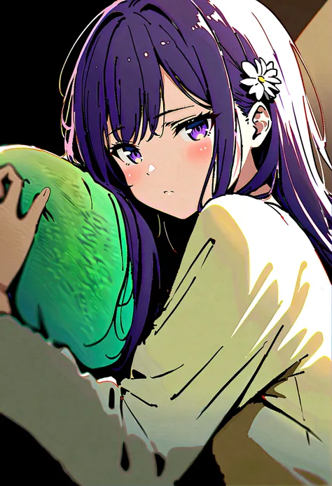 Anime girl with very long dark purple hair and a flower hair accessory waking up in the morning as she looks sleepy and her eyes were half closed 