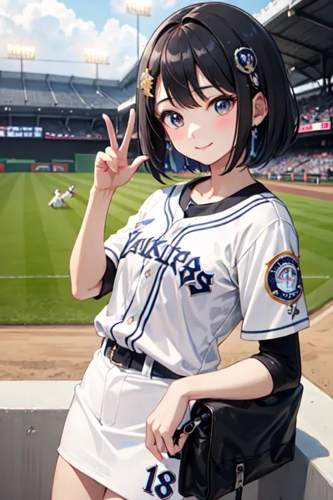 Highest quality、Black Hair、Iris、short hair、girl、cute、16 years old、、Small hair ornament、1 person、Watching Sports、Baseball stadium stands、The upper half of the body is a Chiba Lotte Marines uniform.、Lower body miniskirt、A happy look、Bright expression、