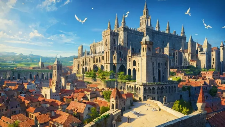 a medieval city in the morning, white doves flying over the prosperous town, adventurer exploring the harmonious architecture, wide angle, best quality, highly detailed, anime style