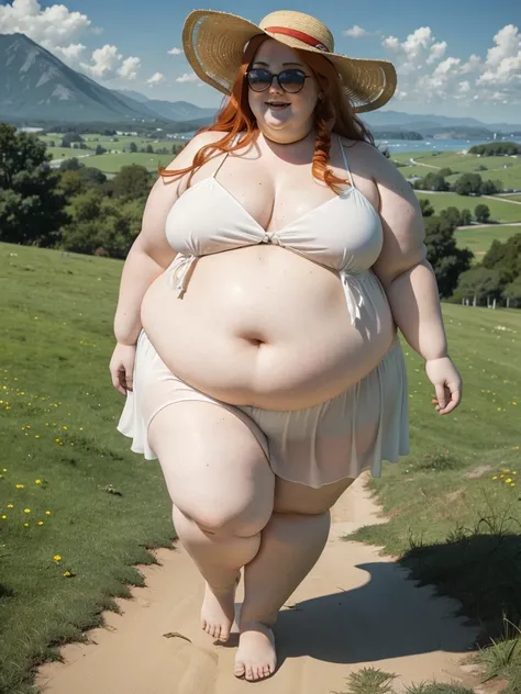 A joyful, full body photo of a young beautiful redhead ssbbw with long wavy ginger hair soft fat belly, very wide fat obese hips, very obese legs, thick fat wide legs and fat arms, cute pretty face, small breasts, blue eyes, freckles, in a cute summer dres...