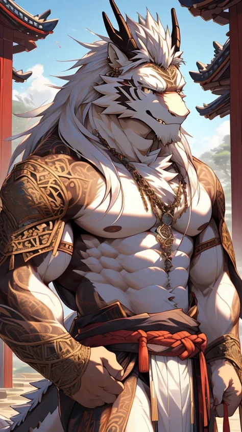 (masterpiece),(highres),(intricate details:1.4),extremely detailed,(illustration:1.2),8k,photorealistic,Anime headshot,exquisite,full body shot,aged,elder male eastern dragon,a mixture of eastern dragon and tiger,white fur,muscular,warrior,(naked upper bod...