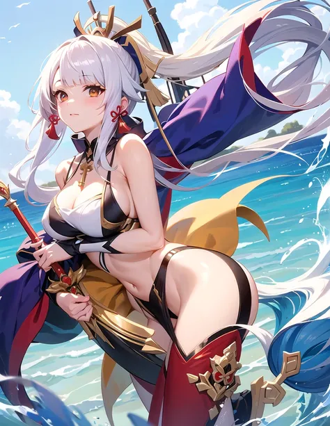 Has long white hair、Anime girl holding a red and gold scepter, Ayaka Genshin Impact, White-haired deity, Kushat Krenz Key Women in Art, Sharp RPG portraits, Keqing from genshin impact, From the Azur Lane video game, Anime girl holding a bow and arrow, Astr...