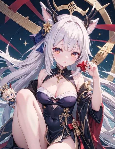 Has long white hair、Anime girl holding a red and gold scepter, Ayaka Genshin Impact, White-haired deity, Kushat Krenz Key Women in Art, Sharp RPG portraits, Keqing from genshin impact, From the Azur Lane video game, Anime girl holding a bow and arrow, Astr...