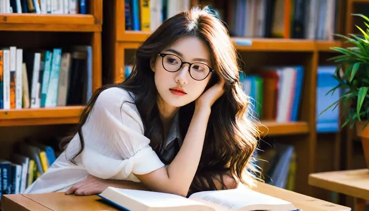 at 9:00PM, a beautiful asian girl, dozing, cozy library, seating, wooden desk, head resting, folded arms, atop an open book, long, brown, wavy hair cascades over shoulders, peaceful, relaxed face, high nose, plump lips, serene expression, look at the book,...