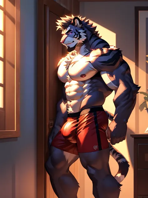 bara handsome white furred tiger furry leaning on wall wearing only tight purple boxer briefs, tall, massive pecs, broad shoulders, sultry gaze, purple eyes, smirking at camera seductively, sultry teasing gaze, one hand on his thigh near his bulge, running...