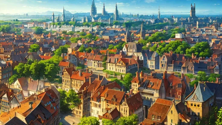 middle Ages，City Streets，morning，lively，Prosperity，houses，Anime style，Conform to building proportions，Highest quality，Rich details