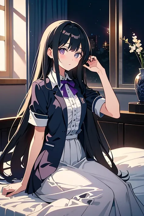 High range, Highest quality, figure, Cinematic Light, Ultra-detailed, Detailed face, (Fine grain), Highest quality, Very detailed, Master Parts, (Detailed face),1人のgirl, girl, Long black hair, Purple eyes, More Information, Shining Eyes, Sentado na bed, Si...