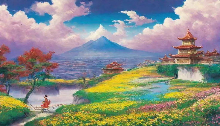 Under the clear blue sky、Fantasy scene of a colorful flower field spreading all over。The city floats in the air、Fluorescent flowers々Shines、The path leads to a magnificent walled city in the distance.、Its magnificent appearance stands out against the blue s...