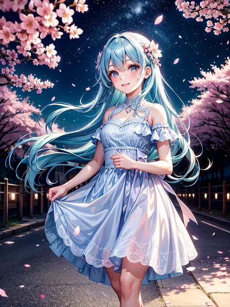 Highest Resolution,Highest quality,Walking along the cherry blossom-lined street at night１Beautiful girl of the person,Light blue hair,Very beautiful eyes,smile,Scattered cherry blossom petals,Night Sky,Starry Sky,moonlight,front,Big eyes,