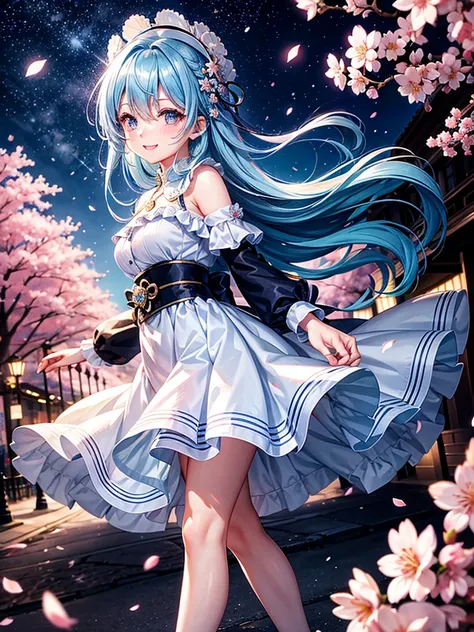 Highest Resolution,Highest quality,Walking along the cherry blossom-lined street at night１Beautiful girl of the person,Light blue hair,Very beautiful eyes,smile,Scattered cherry blossom petals,Night Sky,Starry Sky,moonlight,front,Big eyes,