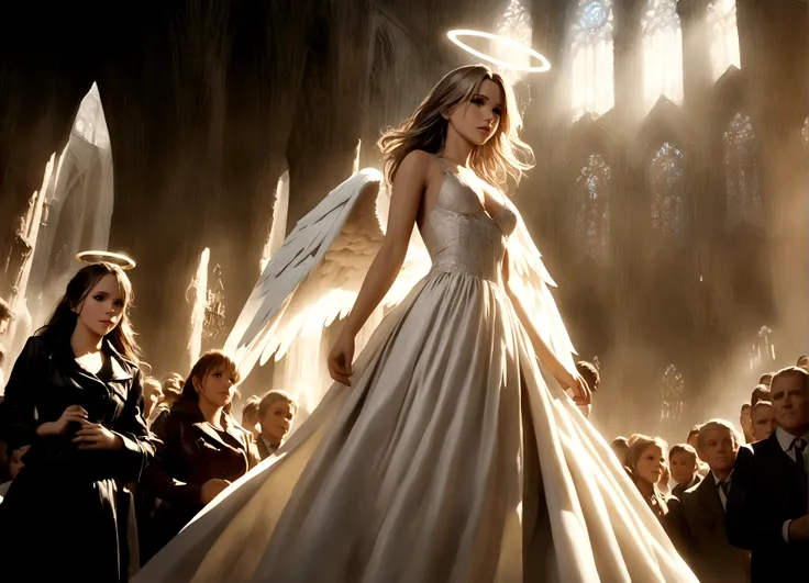 angel, Kate Beckinsale, age 25, platinum blonde hair, halo, large pair of white wings, sheer silk dress, holy corona, majestic pose, cathedral, crowded, intricate details, cinematic lighting, dramatic, photorealistic, 8k, masterpiece