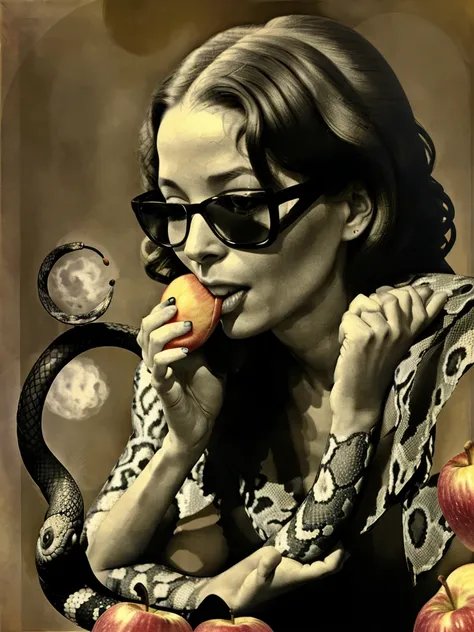 a woman (EVA) eating one Apple, with a Snake in the background