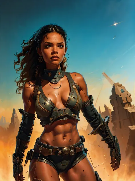 a young female space fighter pilot based on Jenna Ortega, sci-fi illustration, highly detailed cinematic fantasy portrait, black outlining, full color illustration, in the style of BORIS VALLEJO & JULIE BELL, masterpiece, 8k, ultra-detailed, physically-bas...