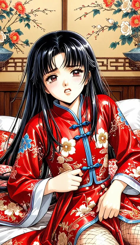 8k Tragic historical drama in live-action style: Beautiful palace secrets　Beautiful 10 year old Chinese Kung Fu princess with long black hair gets fingered hard　Gorgeous embroidery, Ultra glossy, She is wearing a shiny red top and bottom long sleeve floral...