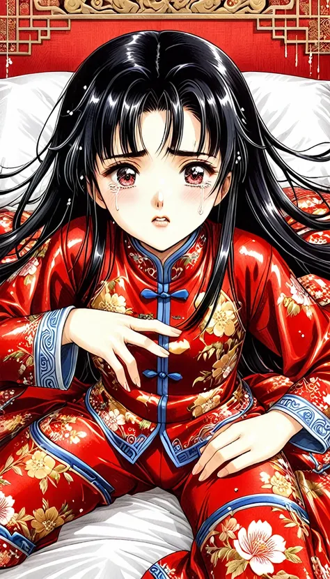 8k Tragic historical drama in live-action style: Beautiful palace secrets　Beautiful 10 year old Chinese Kung Fu princess with long black hair gets fingered hard　Gorgeous embroidery, Ultra glossy, She is wearing a shiny red top and bottom long sleeve floral...