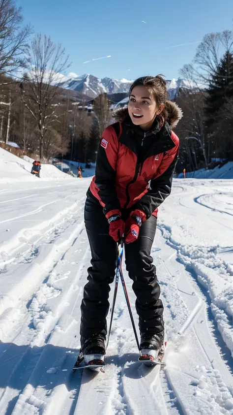 Girl playing ice ski, u turn style,