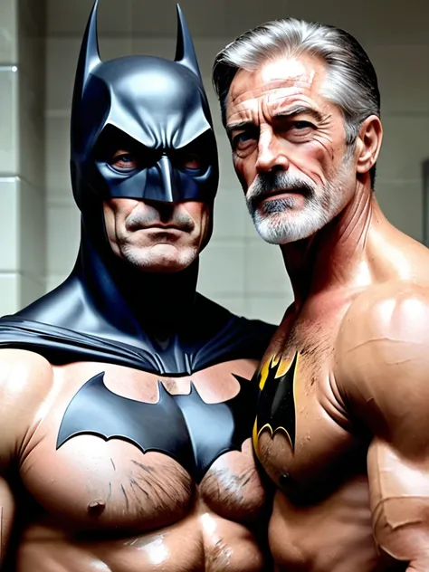 score_9, score_8_up, score_7_up, score_6_up, score_5_up, score_4_up , ,photo realistic,
Alfred (butler, intelligent, gentlemanly, slim, in his 60s) and Batman (hairy, muscular,handsome, tall, body covered in scars,30years old) wearing only a mask embrace e...