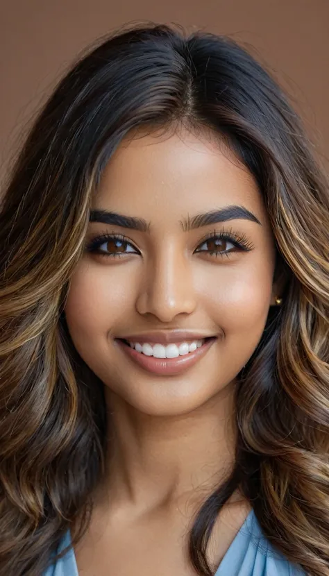 22 year old South Asian Latina woman with blue almond-shaped eyes, long dark lashes framing those eyes, and a warm inviting smile revealing perfect white teeth. Her light blue eyes are the point of attraction on her face. Her wheatish skin has a dark brown...