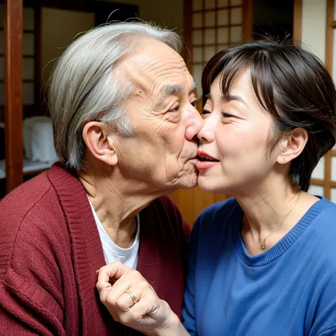 Cute  and old man、make out、kiss、Japanese、Upper Body