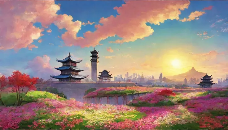 Under the clear blue sky、Fantasy scene of a colorful flower field spreading all over。The city floats in the air、Fluorescent flowers々Shines、The path leads to a magnificent walled city in the distance. A walled city of brick stands tall in the distance.、Its ...