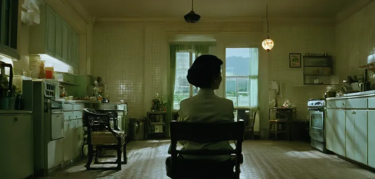 there is a woman sitting in a chair in a kitchen, 1 9 8 6 movie screenshot, in the mood for love, still frame from a movie, movie screencap, screenshot from a movie, highlight scene of the movie, in style of kar wai wong, eerie david lynch cinematography, ...