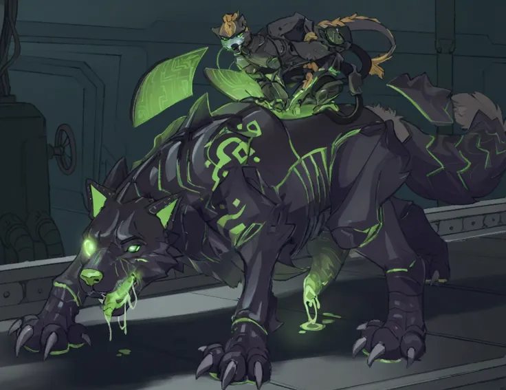 there is a cartoon of a large black and green animal, commission for high res, medical mecha canine, good boy giant mecha wolf hound, warframe hound art, warframe infested art, of anthro leopard warlock, great corrupter, concept piece, mecha hound, warfram...