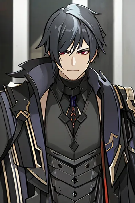 a muscular male character in a black suit, short wavy black hair, black goatee, detailed black armor, serious expression, dramat...