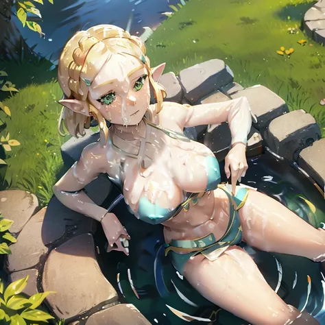 princess zelda, botw, blonde short hair, crown braid, green eyes, ultrasharp, looking at the viewer, ((best quality)), ((masterpiece)), (detailed), perfect face, big breast, sexy body, submerged in water