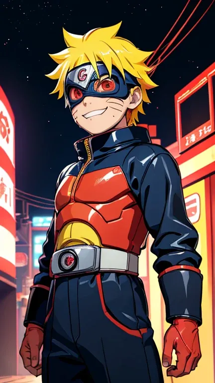 (8k),(masterpiece),(Japanese),(8-year-old boy),((innocent look)),((Childish)),From the front,smile,cute,Innocent,Kind eyes,Flat chest, Uzumaki Naruto, Superhero,Kamen Rider,red helmet,red domino mask,Yellow Hair,Strong wind,night,dark, Neon light cyberpunk...