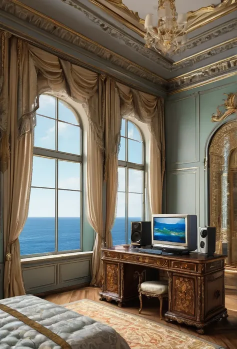 close up of a house with a tv in the background, a hyperrealistic, renaissance, luxurious furniture matching with the color of the palace, inside the giant palace, a computer desk with a nice computer on it, some speakers on it, and a notebook on the side ...