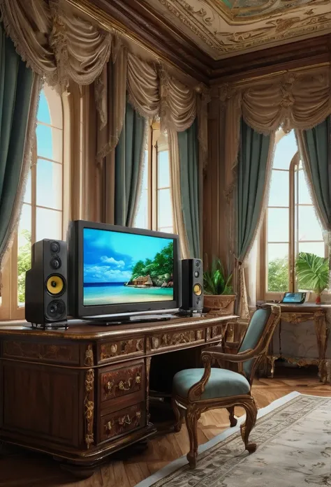 close up of a house with a tv in the background, a hyperrealistic, renaissance, luxurious furniture matching with the color of the palace, inside the giant palace, a computer desk with a nice computer on it, some speakers on it, and a notebook on the side ...