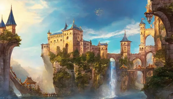 Create fantasy art of a magnificent castle city floating in the air, seen from below.。Crystal clear water cascades down from the walled city.、A digital illustration that sparkles in the light。The city&#39;s buildings consist of magnificent towers and bridg...