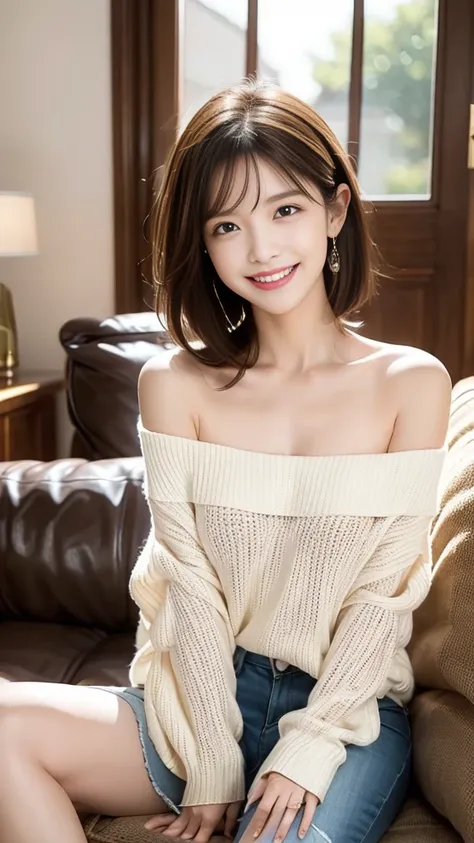 "prompt": "A woman with short black hair is sitting on a sofa, wearing a colorful off-shoulder knit that reaches her knees. She is radiating the best smile, exuding warmth and happiness. The scene is set in a cozy living room with soft lighting, highlighti...