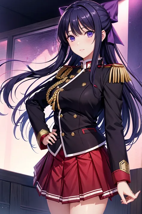 akane ryuuzouji、black jacket uniform、red pleated skirt、epaulettes、aiguillette、purple head ribbon