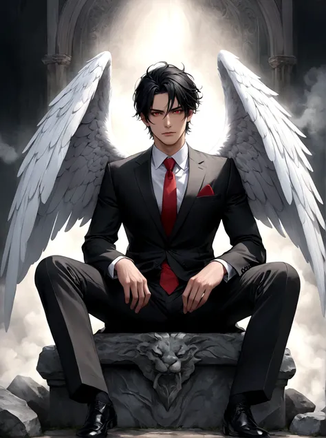 night，A Western man sitting on a stone seat，Night，Thick fog，Smoke background，耸立在云端的Stone Throne，Stone Throne，black hair，Black Hair，Black suit suit，Black suit，Red tie，Red pupils，Red pupil，Colored Contact Lenses，There is a pair of huge angel wings behind，Cro...