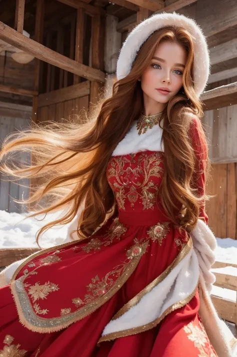 A gorgeous, pretty, shiny, kind-hearted, warm-hearted, sweet, polite, sensitive, friendly, charming, graceful, stylish, glamorous, classy, alluring, majestic, ethereal, angelical ginger long haired russian woman dressed in traditional winter costumes.