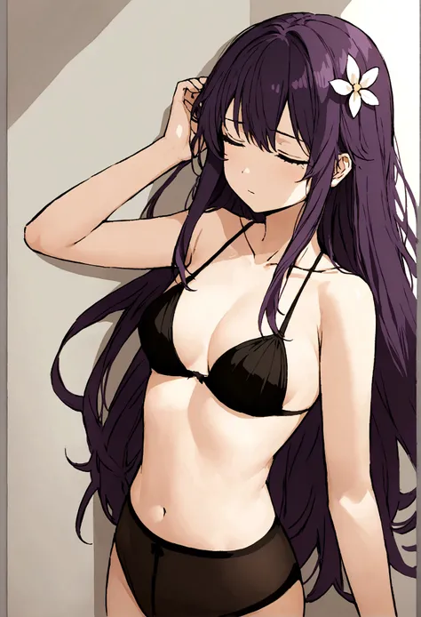 Anime girl with very long dark purple hair and a flower hair accessory waking up in the morning as she looks sleepy and her eyes were half closed wearing a black bra and a black underpants 