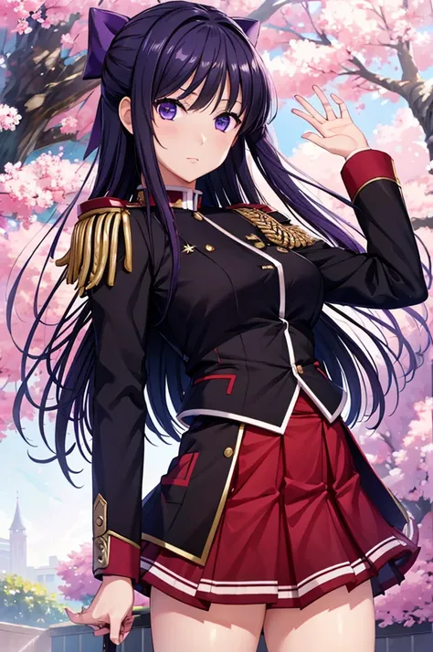 akane ryuuzouji、black jacket uniform、red pleated skirt、epaulettes、a strap from the right shoulder to the chest、purple head ribbo...