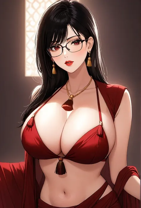 One woman ,wolf cut hairstyle ,red lipstick,black glasses,sharp jawline,face makeup,mole under right eye, tassel earrings ,dark red eyes ,g cup breasts size ,navel, cleavage,saree, necklace,big heavy diva jhumka earrings 